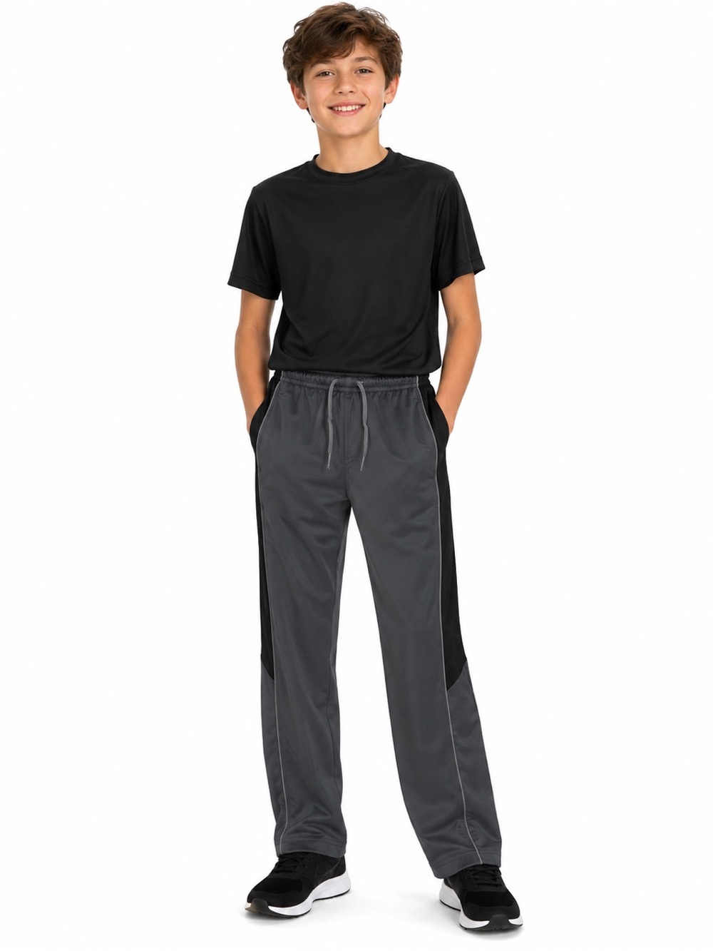 Men's Gray Track Pants with Black Panels - Athletic Drawstring Waist - 0803